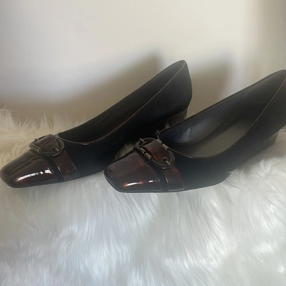 Stuart Weitzman wedge flat brown marble patent and black suede vintage Sz 9M